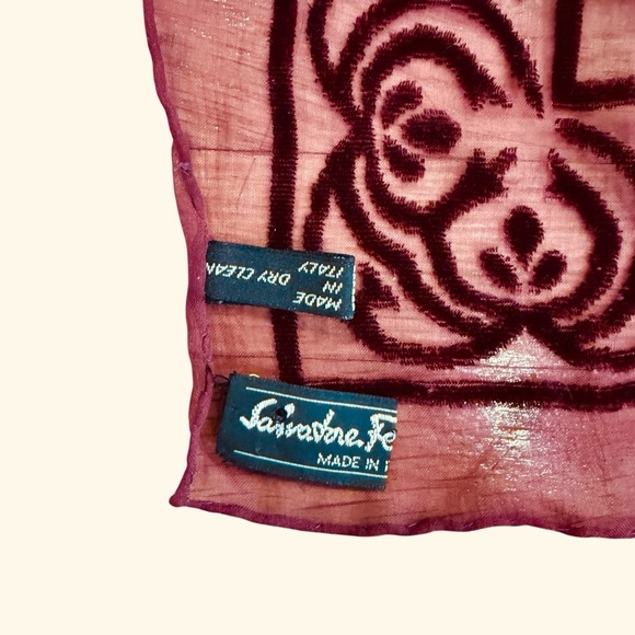 Salvatore Ferragamo Burgundy Sheer Velvet Square Scarf 43” x 47” Silk Blend - Picture 11 of 13
